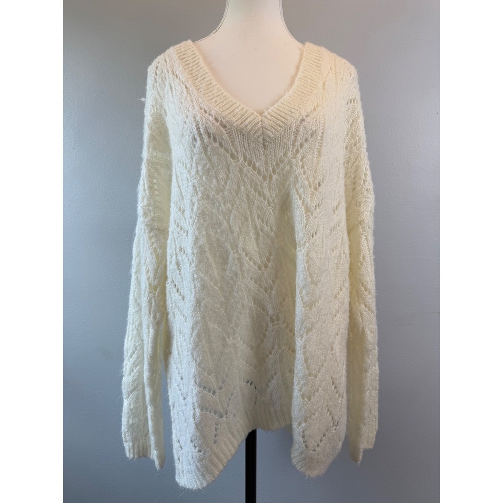 American Eagle XL Oversized Pointelle Chunky Knit V-Neck Sweater Ivory Airy
